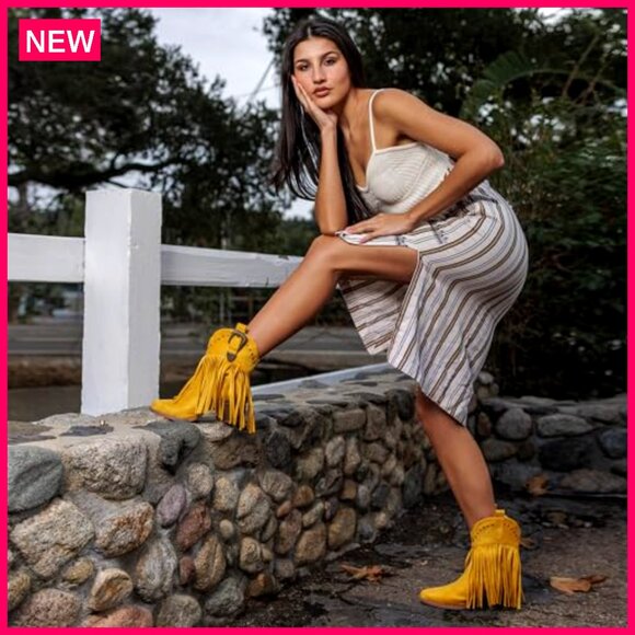 Women's Suede Fringe Cowboy Boots Snip Toe Pull On Western Ankle Booties - Picture 3 of 7